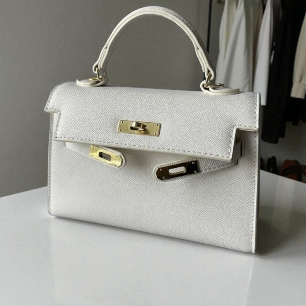 GRACE KELLY White Top-Handle / Crossbody Bag (Vegan Leather) by The Urban Luxe - Picture 5 of 5
